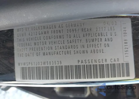 2003 Volkswagen Jetta Gls Tdi из США, поврежденный, VIN WVWSP61J03W583539